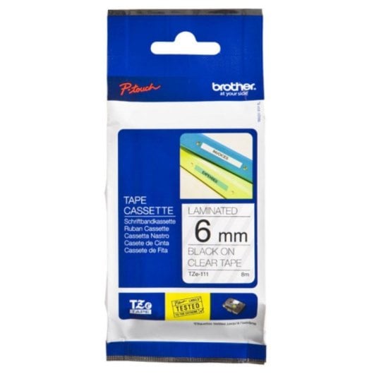 Cinta Laminée Brother TZe-111 6mm, Noir sur Transparent, 8m