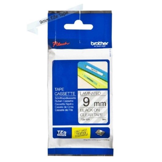 Cinta Laminada Brother TZe-121 9mm x 8m Negro sobre Transparente