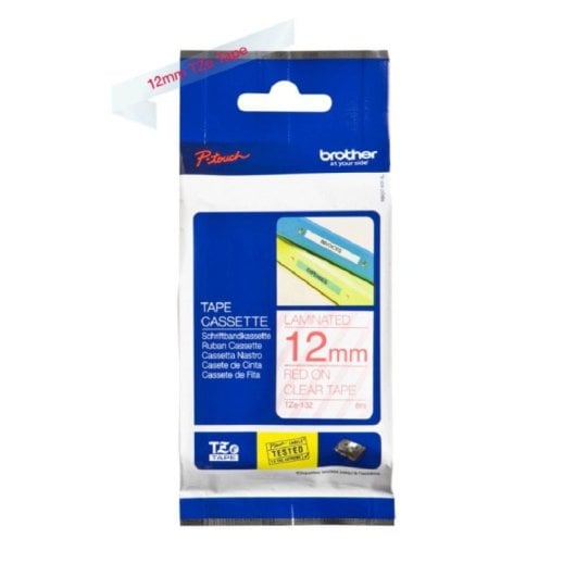 Cinta Brother TZe-132 12mm Roja sobre Transparente Laminada Resistente 8m Rotuladoras