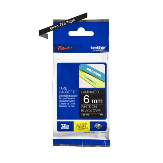 Brother TZE315, 6 mm, Blanc sur noir, Compatibilité pour étiqueteuses TZ/TZe