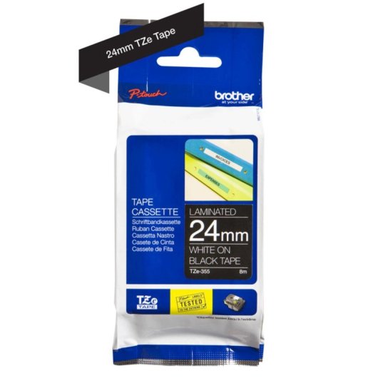 Brother TZE-355 Blanc sur noir, Cinta TZe, 2,4 cm, 8 m