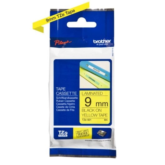 Cinta Laminada TZe 9mm Negro sobre Amarillo Resistente Agua Químicos Térmica Blíster