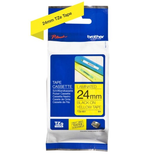 Cinta Laminada Brother TZe-651 Amarillo 24mm x 8m, Resistente Agua y Abrasión, Superficies Lisas