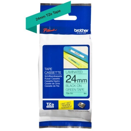 Cinta Brother TZe-751 2,4 cm Nero su Verde Laminata Resistente Multifunzione