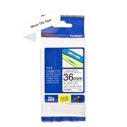 Brother TZE-M261 Etiquette Laminée, Noir sur Blanc, 3,6 cm x 8 m