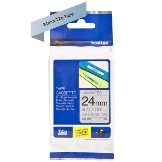 Cinta Brother TZE-M951 negro sobre plata, 24mm, 8m, compatible TZ/TZe