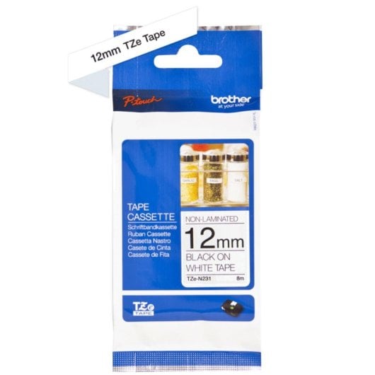 Ruban Brother TZE-N231 Noir sur blanc, 1,2 cm x 8 m, Compatibilité PT-200 à PT-9600