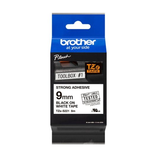 Cinta Brother Laminada TZ 9mm Extra Fuerte Adhesivo Alta Resistencia 8m Negro sobre Blanco