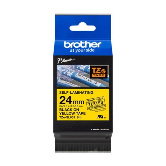 Brother TZE-SL651, Etiquette autolaminée, Noir sur Or, 2,4 cm, 8 m, Jaune