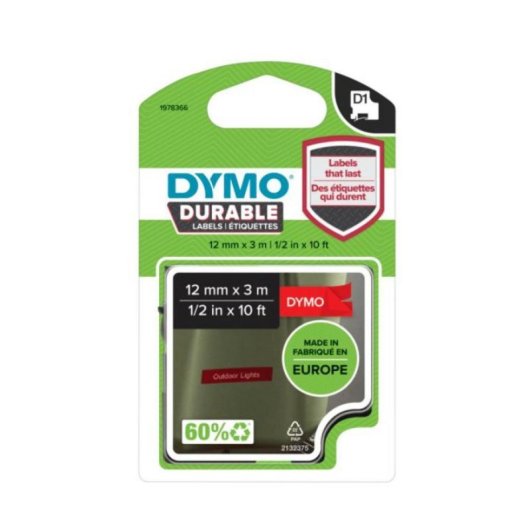 DYMO D1 - Étiquettes Durables - Blanc sur Rouge - 12mm x 7m