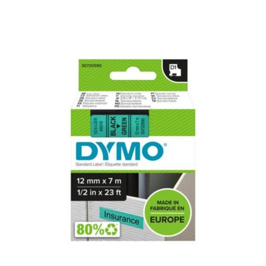 Cinta Etiqueta DYMO D1 Poliéster Negro sobre Verde 12mm x 7m Resistente UV y Agua