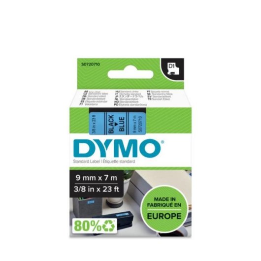 Cinta de etiquetas DYMO D1 poliéster negro sobre azul 9mm x 7m resistente UV y agua