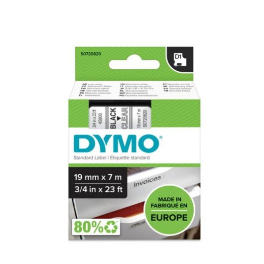 Étiquettes standard D1 - Noir sur transparent - 19 mm x 7 m - Polyuréthane - Belgique