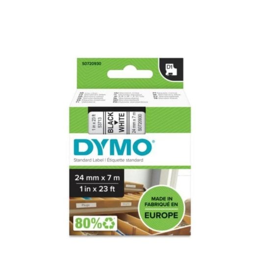 Étiquettes standard D1 DYMO - 2,4 cm x 7 m, Noir sur blanc, Polyester, Belgique