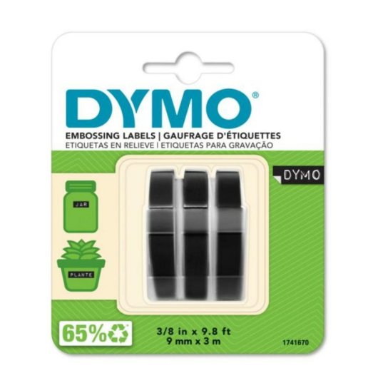 Cinta de Estampación 3D DYMO 9mm x 3m Adhesiva, Blister, Pack 3 Unidades, Negro