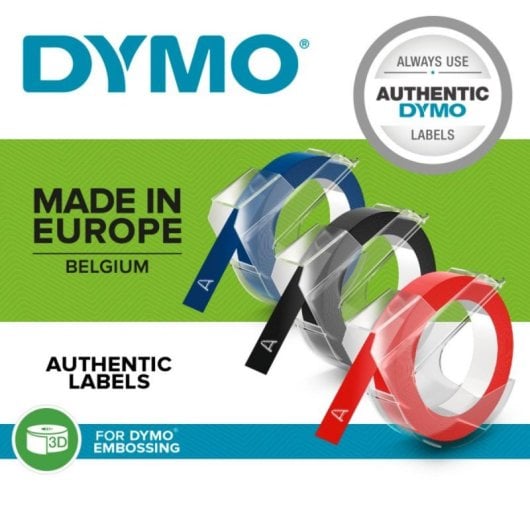 Cinta de Estampación 3D DYMO 9mm x 3m Adhesiva, Blister, Pack 3 Unidades, Negro
