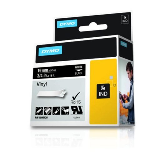 DYMO Étiquettes Vinyle IND, Blanc sur noir, Multicolore, Vinyle, -40 à 80 °C