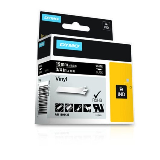 DYMO Étiquettes Vinyle IND, Blanc sur noir, Multicolore, Vinyle, -40 à 80 °C