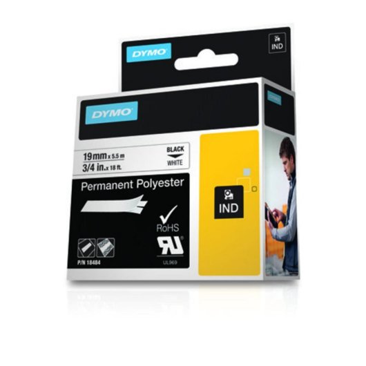 Cinta de poliéster permanente negro sobre blanco 24mm x 5,5m compatible con DYMO Rhino