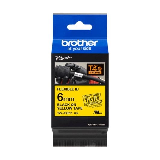 Brother TZE-FX611 6 mm étiquettes flexibles noires sur jaune, laminées