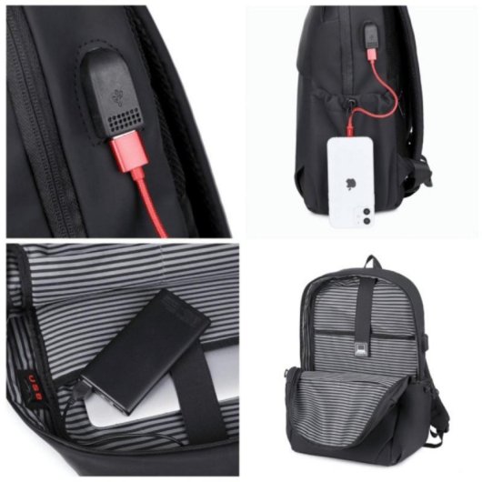 Mochila para portátil 15.6" gris repelente al agua con puerto USB y doble compartimento