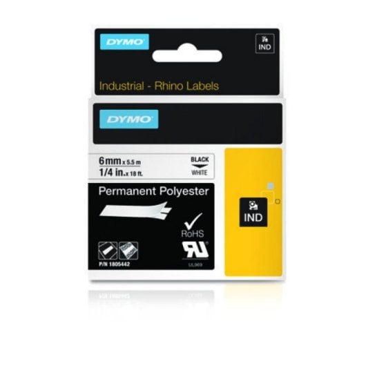 Cinta Etiquetadora Poliéster 6mm Negro sobre Blanco Resistente Agua y Químicos DYMO Rhino