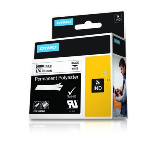 Cinta Etiquetadora Poliéster 6mm Negro sobre Blanco Resistente Agua y Químicos DYMO Rhino