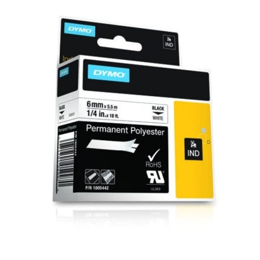Cinta Etiquetadora Poliéster 6mm Negro sobre Blanco Resistente Agua y Químicos DYMO Rhino