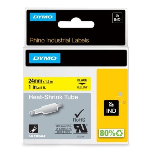 DYMO Tubes Thermorétractables IND - 24mm x 1,5m, Noir sur Jaune, Multicolore, Belgique, -55 - 135 °C
