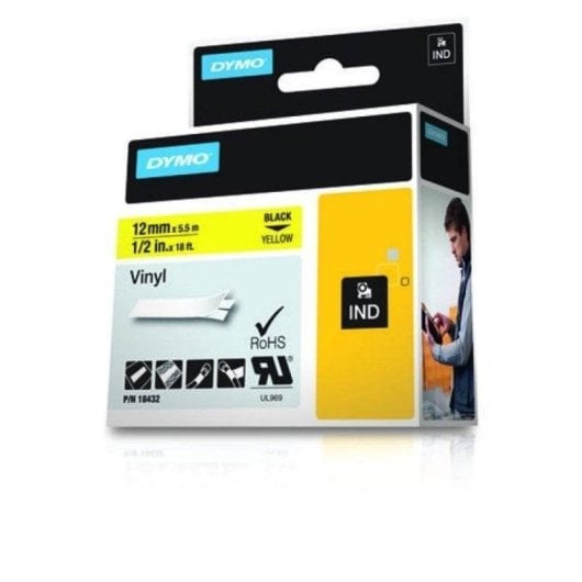Fita de Vinil Dymo Rhino 12mm Preto Amarelo Resistente UV Químicos