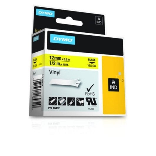Cinta de vinilo DYMO Rhino 12mm negro sobre amarillo, resistente UV, agua y químicos, UL969
