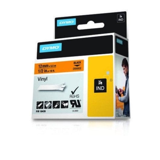 Etiqueta de vinilo Dymo Rhino 12mm negro sobre naranja resistente UV agua químicos 5,5m