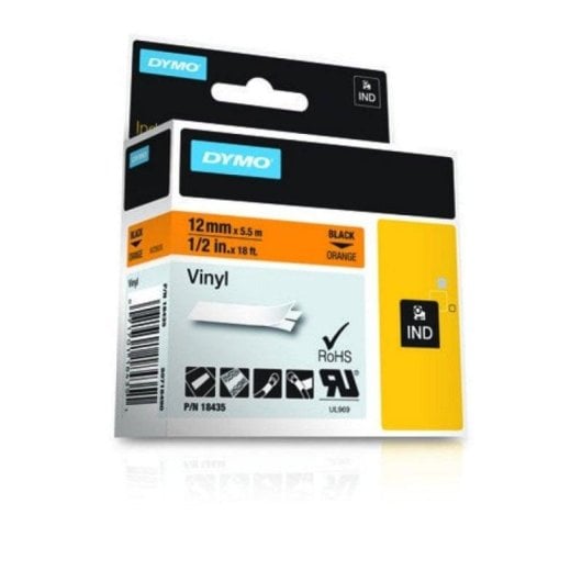 Etiqueta de vinilo Dymo Rhino 12mm negro sobre naranja resistente UV agua químicos 5,5m