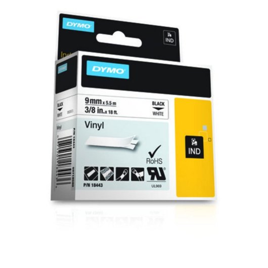 Etiqueta de vinilo DYMO Rhino, negro sobre blanco, 9mm ancho, resistente UV y químicos