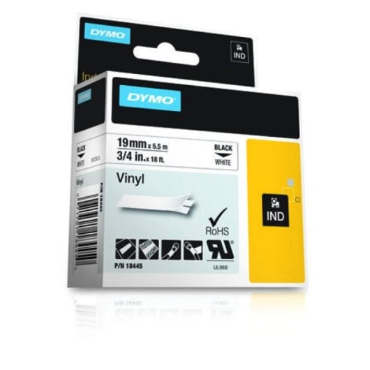 Cinta Vinilo Rhino 19mm Negro sobre Blanco Resistente Agua, Aceite, Químicos, Exterior