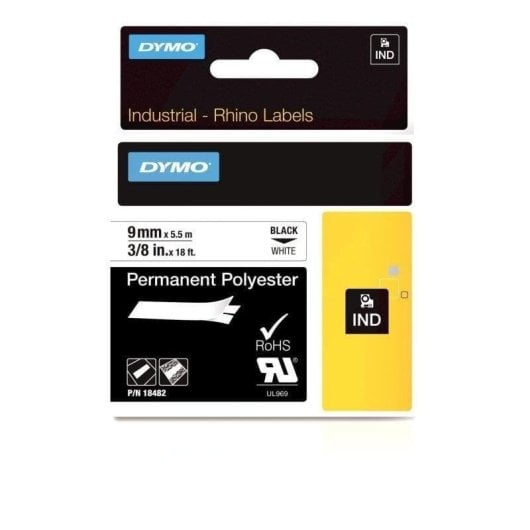 Etiqueta adesiva Dymo Rhino 9mm poliéster preto sobre branco resistência química