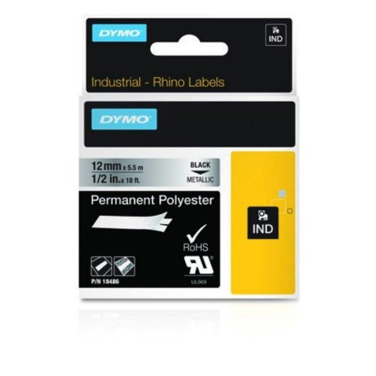 Etikette Dymo Rhino Schwarz auf Metallic 1,2 cm x 5,5 m UV-beständig