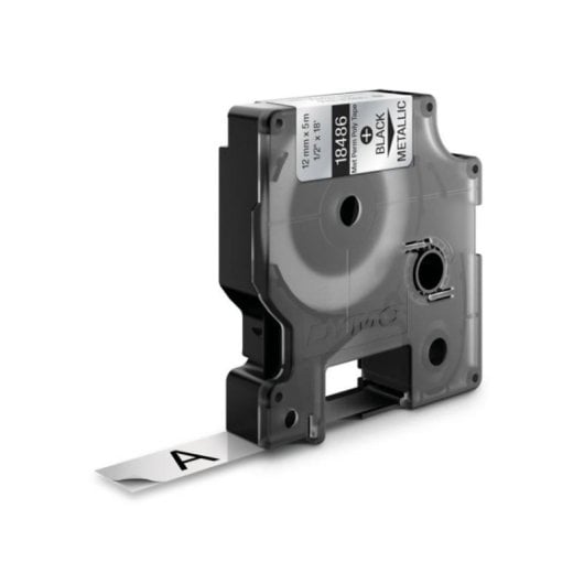 Etiqueta de Poliéster Negro sobre Metálico 1,2cm x 5,5m Resistente UV Agua Químicos para DYMO Rhino