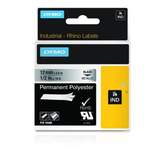 Etiqueta de Poliéster Negro sobre Metálico 1,2cm x 5,5m Resistente UV Agua Químicos para DYMO Rhino