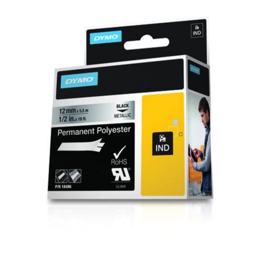 Etiqueta de Poliéster Negro sobre Metálico 1,2cm x 5,5m Resistente UV Agua Químicos para DYMO Rhino