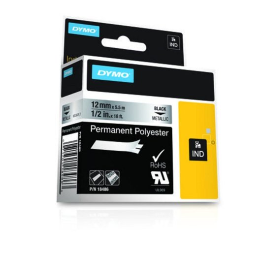 Etiqueta de Poliéster Negro sobre Metálico 1,2cm x 5,5m Resistente UV Agua Químicos para DYMO Rhino