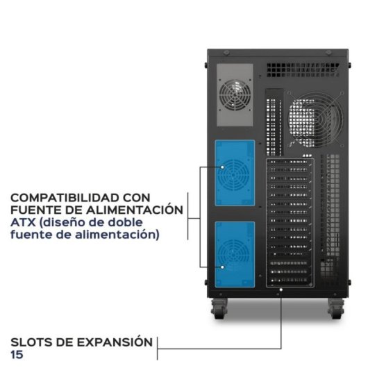 Workstation ATX UNYKA AI PRO 1500 EATX Dual CPU, hasta 4 GPUs, 17 HDD, 27 ventiladores, USB-C, Negro