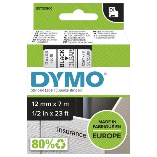 Nastro etichette Dymo D1 12mm nero su trasparente poliestere resistente
