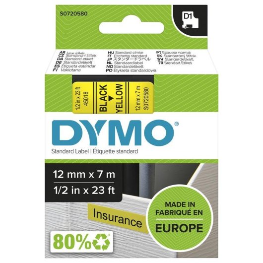 Polyester-Etiketten schwarz auf gelb Dymo 12mm x 7m kompatibel mit LabelManager/LabelWriter 450 DUO