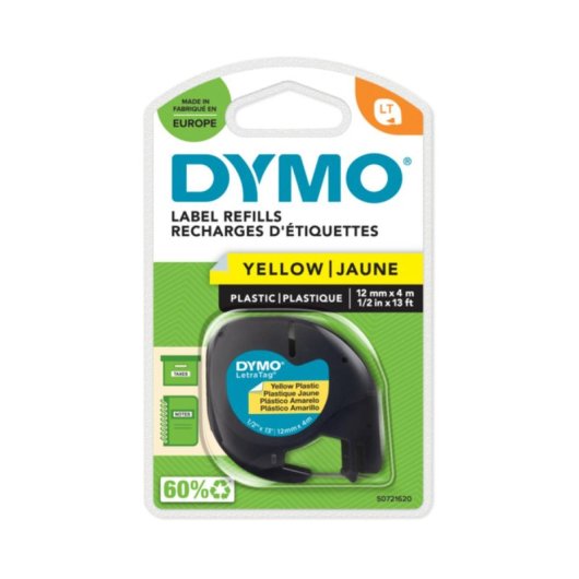 Étiquettes DYMO S0721620, Noir sur jaune, Polyester, Belgique, LetraTag 100T, 1,2 cm