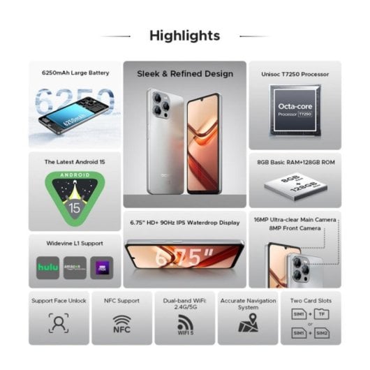 Smartphone DOOGEE Note 58 8GB 128GB 4G 6250mAh Android 15 NFC Face ID