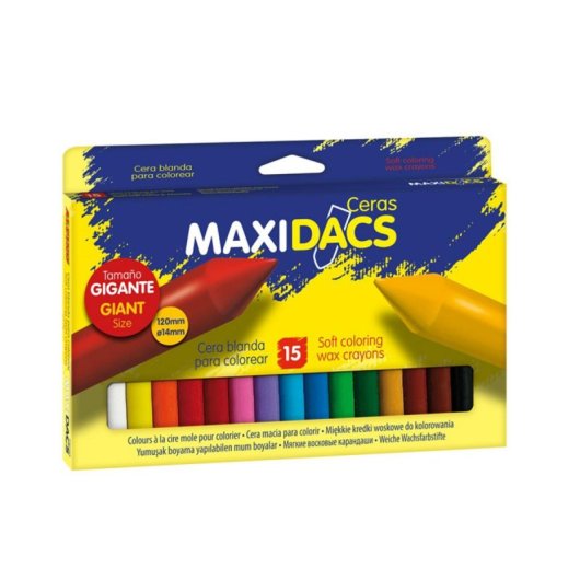Estuche de 15 ceras MaxiDacs 14mm colores surtidos, cera blanda Alpino 120mm