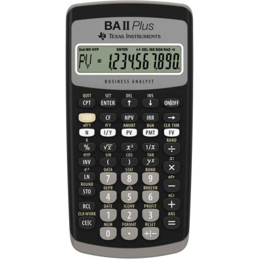 Calculadora financiera Texas Instruments BA-II Plus, pantalla inclinada, 10 registros de memoria, batería CR2032, color 