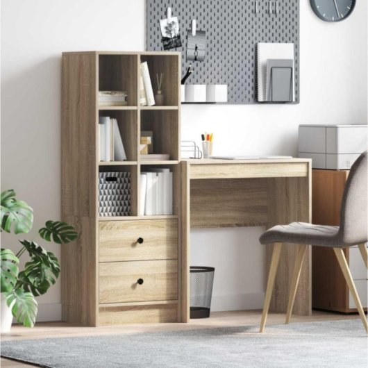 Escritorio modular Norris roble Sonoma con estantería reversible, 2 cajones y 6 compartimentos
