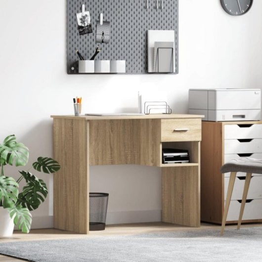 Escritorio Fang blanco compacto, tablero resistente, 1 cajón y estantería lateral